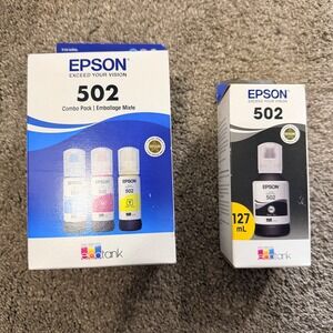 Epson 502 EcoTank Ink Bottles Black 127mL and Color 3-Pack CMY 70mL T502 Genuine